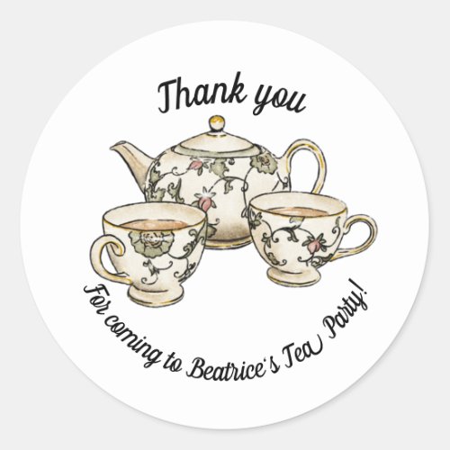 Thank you watercolor tea party tea pot and cups  classic round sticker