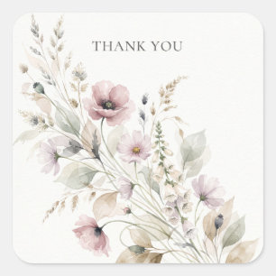 "Thank You" Watercolor Wildflower Bouquet Greeting Square Sticker
