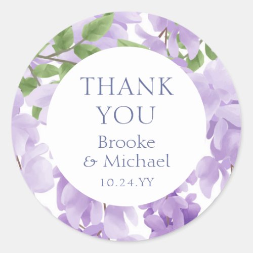 Thank You Watercolor Wisteria Floral Wedding Classic Round Sticker