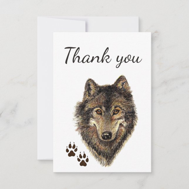 Thank You Watercolor Wolf & Tracks Animal Wildlife Card (Front)