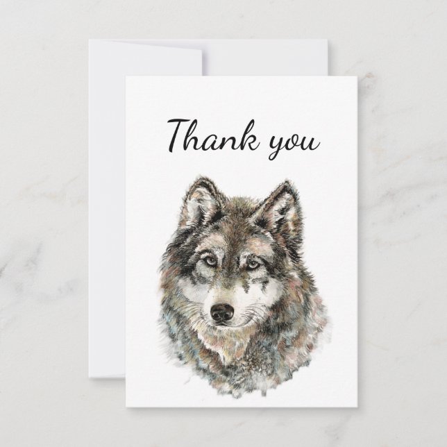 Thank You Watercolor Wolf Wolves Animal Nature art Card (Front)