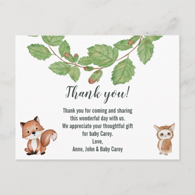 Thank You Watercolor Woodland Animals Postcard (Front)