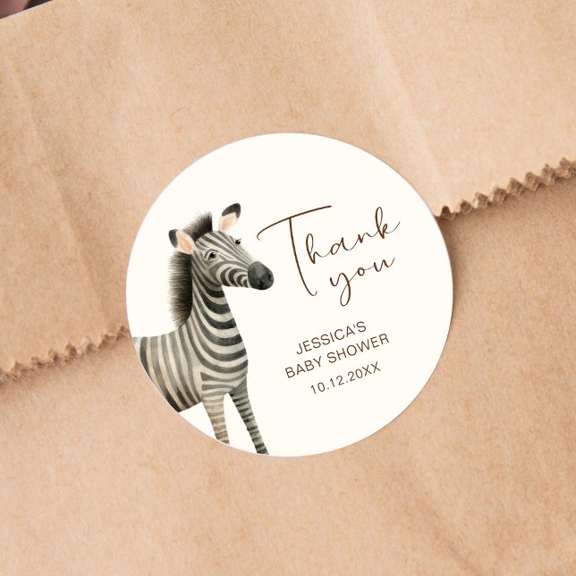 Thank You Watercolor Zebra Baby Shower Classic Round Sticker (Creator Uploaded)