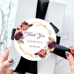 Thank You watercolored florals burgundy gold Classic Round Sticker