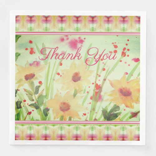 Thank You Watercolour Flowered Paper Dinner Napkin