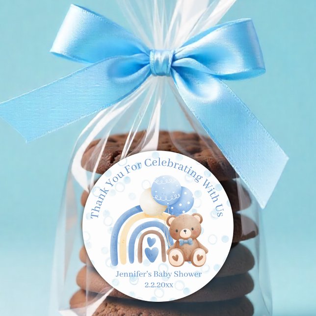 thank you we can bearly wait blue baby shower dots classic round sticker (Creator Uploaded)