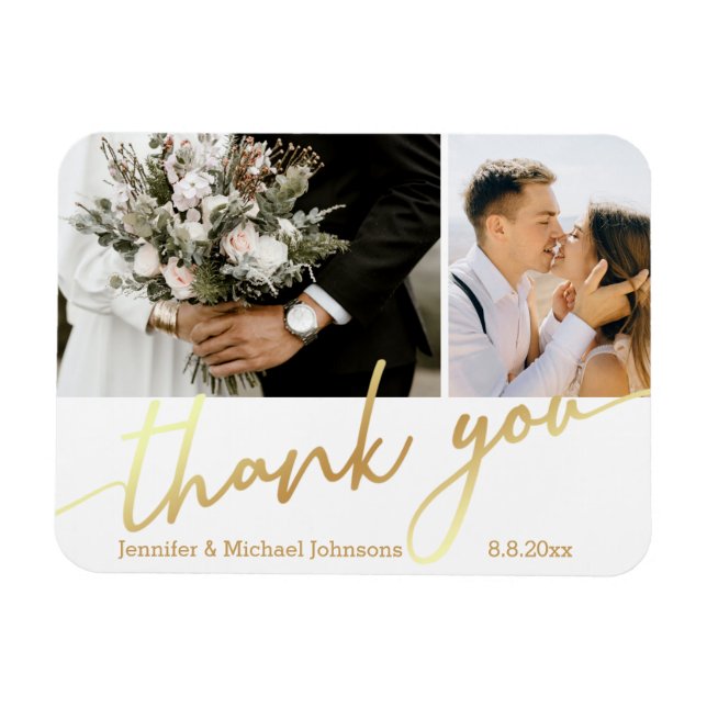 thank you,wedding 2 photos collage gold chic  magnet (Horizontal)