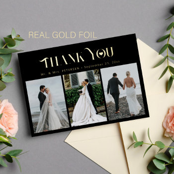 Thank You Wedding 3 Photo Elegant Gold Foil Card by invitations_kits at Zazzle