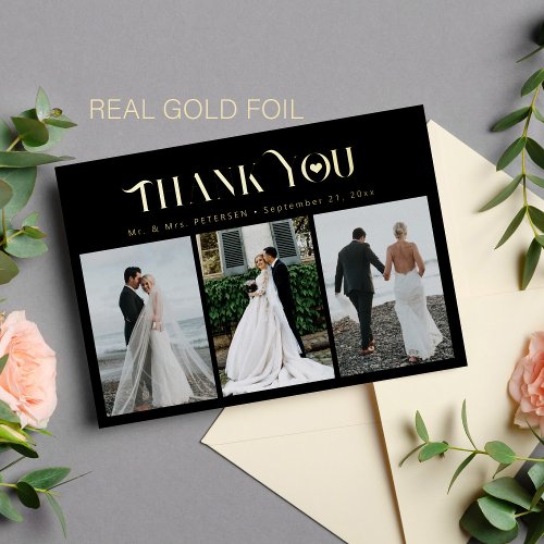 Thank you wedding 3 photo elegant gold foil card 