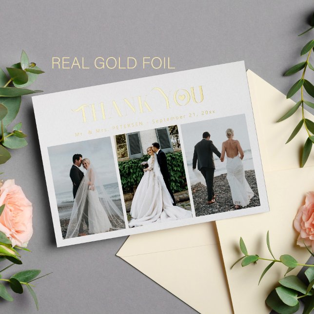 Thank you wedding 3 photo elegant gold foil card  (You can choose the color of the FOIL: GOLD, ROSE GOLD or SILVER)