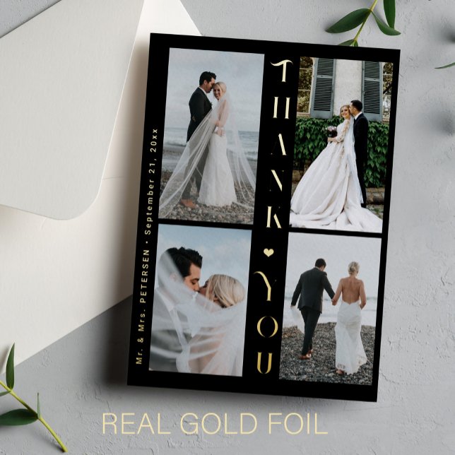 Thank you wedding 4 photo elegant gold black  foil invitation (You can choose the color of the FOIL: GOLD, SILVER or ROSE GOLD)