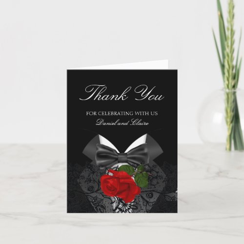 Thank You Wedding Black White Tuxedo Deep RED Rose