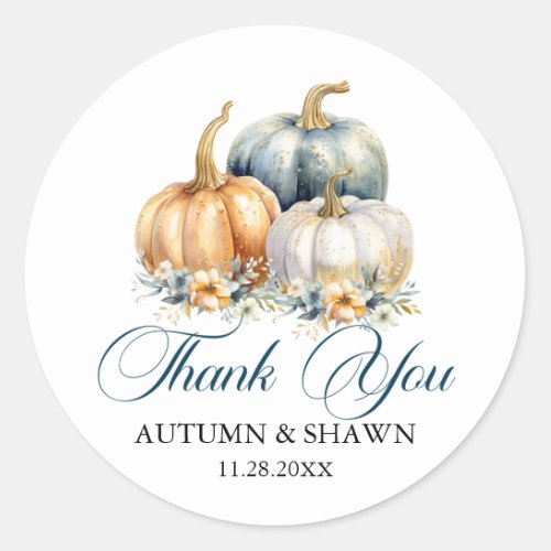 Thank You Wedding Blue Orange Gold Pumpkins Classic Round Sticker