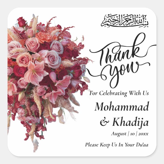 Thank You Wedding Bouquet Flower Nikah Walima Square Sticker (Front)