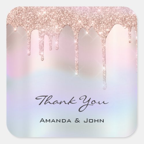 Thank You  Wedding Bridal Rose Glitter Holograph Square Sticker