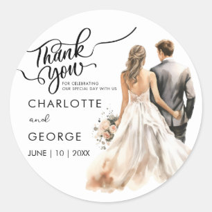 Thank You Wedding Bride Groom Back Watercolor Classic Round Sticker