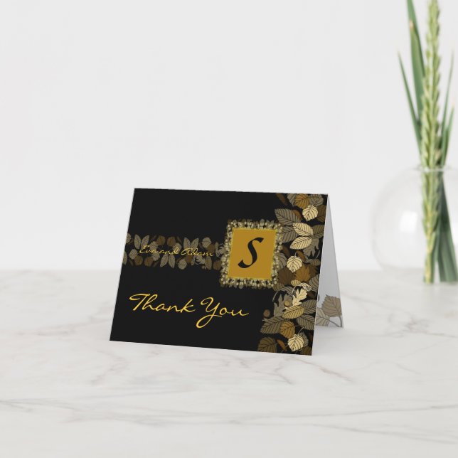 Thank You Wedding Card Black Gold Leaf (Front)