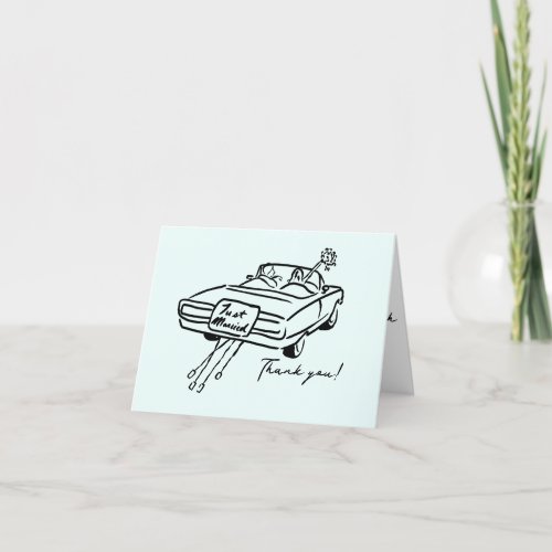 Thank you wedding card featuring just married car 