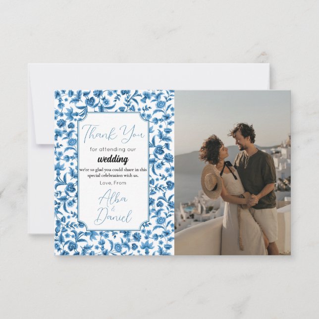 Thank You Wedding Chintz Blue & White Floral Photo Card (Front)