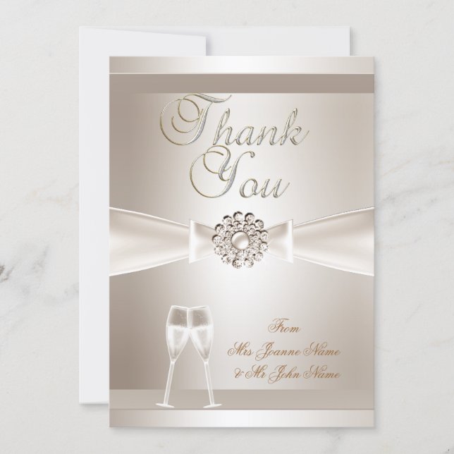Thank You Wedding Damask Cream White Champagne Card (Front)