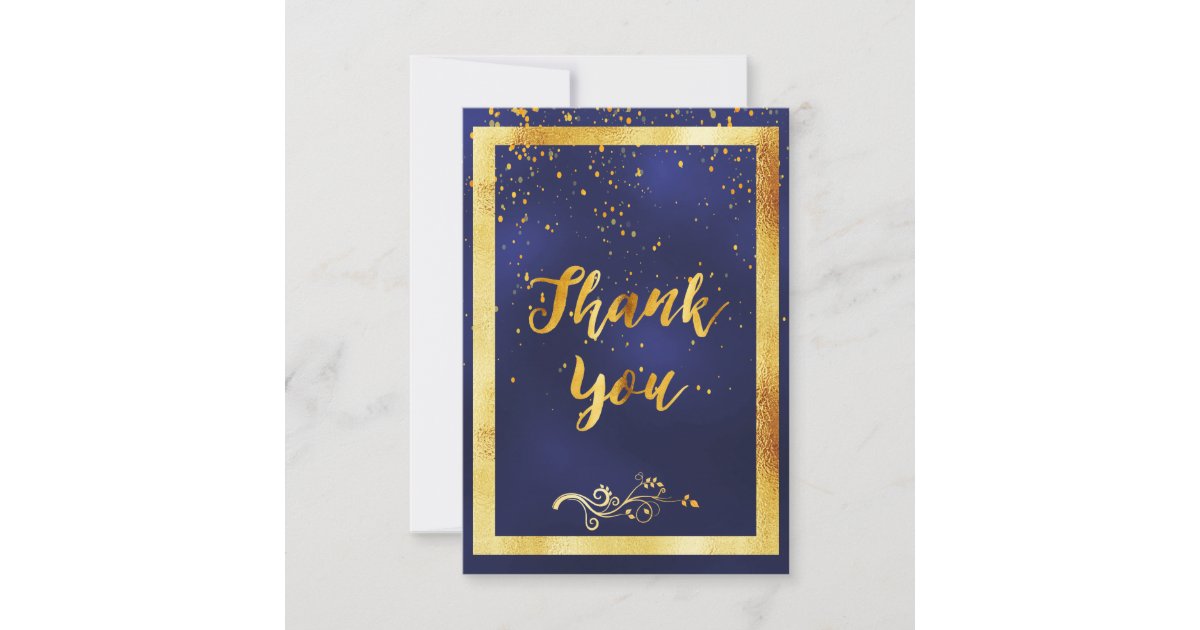 Thank you wedding dark blue gold confetti card | Zazzle