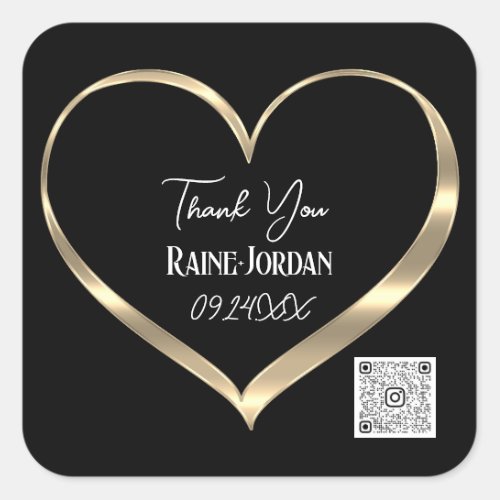 Thank You Wedding Favor QR CODE Black GoldHeart  Square Sticker
