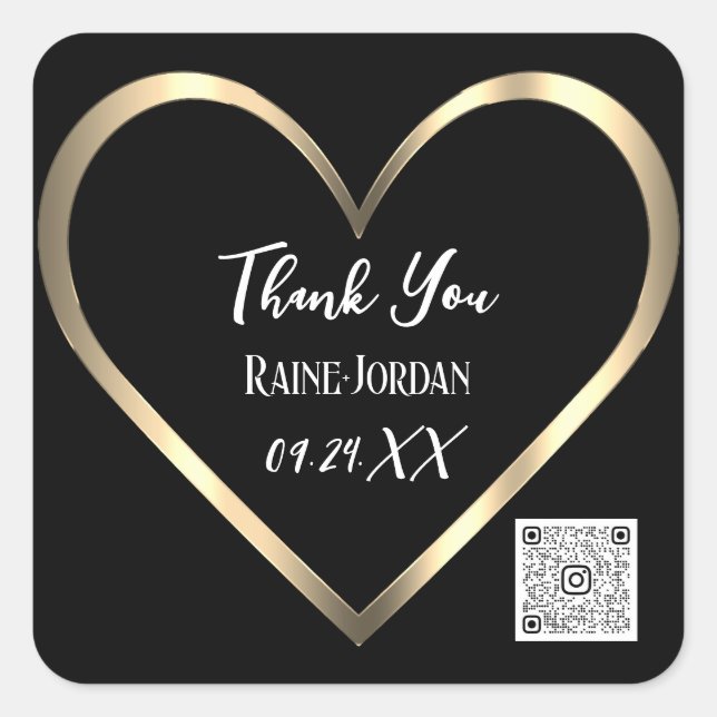 Thank You Wedding Favor QR CODE BlackGolden Heart  Square Sticker (Front)