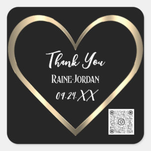 Thank You Wedding Favor QR CODE BlackGolden Heart  Square Sticker