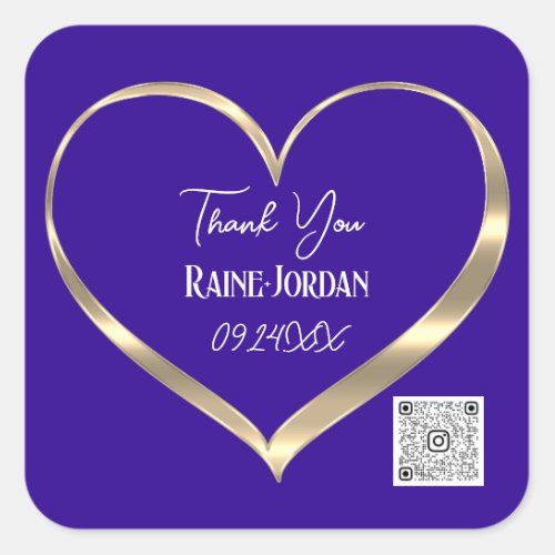 Thank You Wedding Favor QR CODE Blue Gold Heart Square Sticker