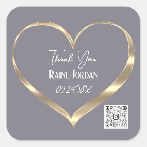 Thank You Wedding Favor QR CODE Gray Gold Heart Square Sticker