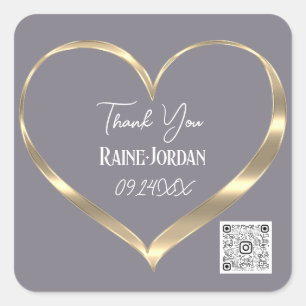 Thank You Wedding Favor QR CODE Gray Gold Heart Square Sticker