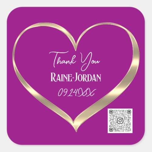 Thank You Wedding Favor QR CODE Purple Gold Heart Square Sticker