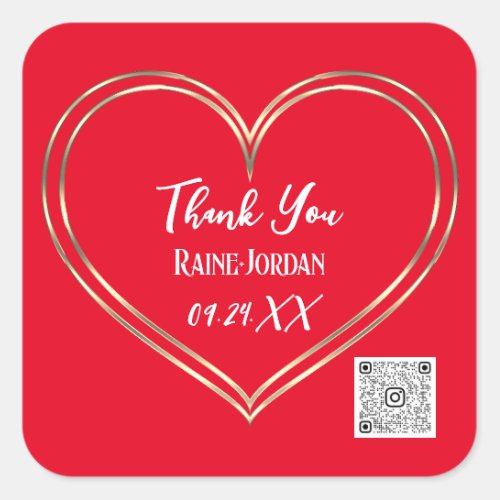 Thank You Wedding Favor QR CODE Red Golden Heart  Square Sticker