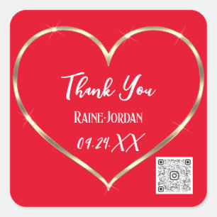 Thank You Wedding Favor QR CODE Red Golden Heart  Square Sticker