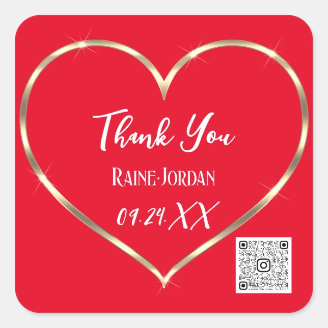 Thank You Wedding Favor QR CODE Red Golden Heart  Square Sticker (Front)