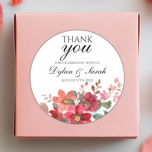 Thank You Wedding Favor Red Floral Classic Round Sticker (Creator Uploaded)