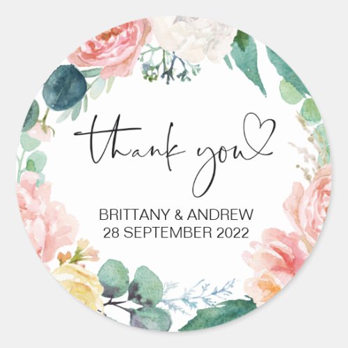 Thank You Wedding Favor Treat Bag Jar Pink Floral Classic Round Sticker