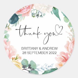 Thank You Wedding Favor Treat Bag Jar Pink Floral Classic Round Sticker
