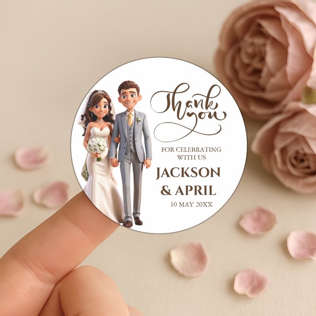 Thank You Wedding favors Couple Ilustration Classic Round Sticker (Creator Uploaded)