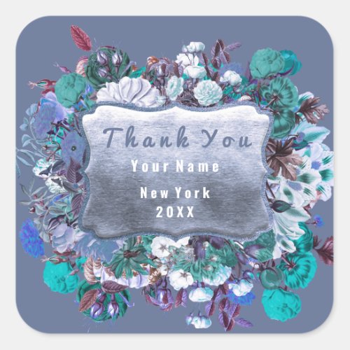 Thank You Wedding Frame Rose Floral Blue Bride Square Sticker