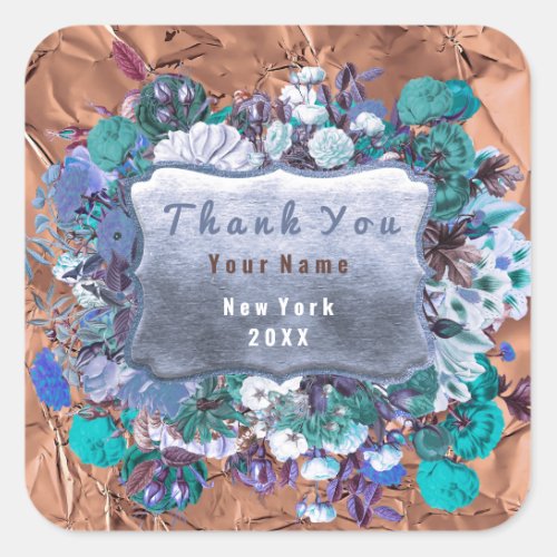 Thank You Wedding Frame Rose Floral Blue Copper Square Sticker
