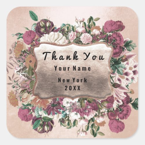 Thank You Wedding Frame Rose Floral Frame Square Sticker