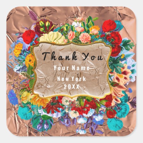 Thank You Wedding Frame Rose Floral Grunge Copper Square Sticker