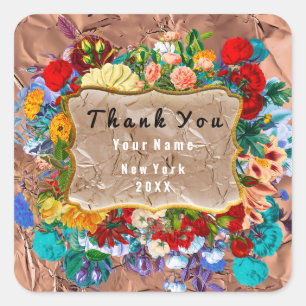 Thank You Wedding Frame Rose Floral Grunge Copper Square Sticker
