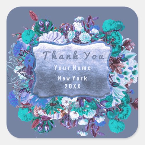 Thank You Wedding Gold Frame Rose Floral Smoky Blu Square Sticker