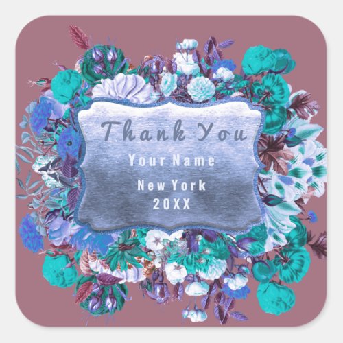 Thank You Wedding Gold Frame Roses Floral Blue Square Sticker