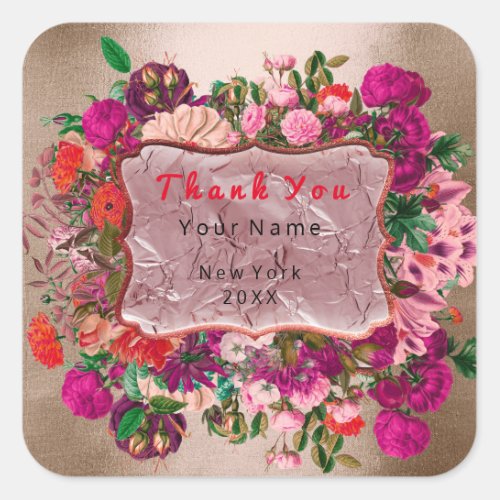 Thank You Wedding Gold Frame Roses Floral Pink Square Sticker