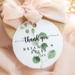 Thank You Wedding Green Delight Eucalyptus Favor   Classic Round Sticker<br><div class="desc">This thank you wedding green delight eucalyptus favor classic round sticker is perfect for a simple wedding. The design features watercolor hand-drawn elegant botanical eucalyptus branches and leaves. Make the sticker labels your own by including your names, the event (if applicable), and the date. These stickers can compliment a wedding...</div>
