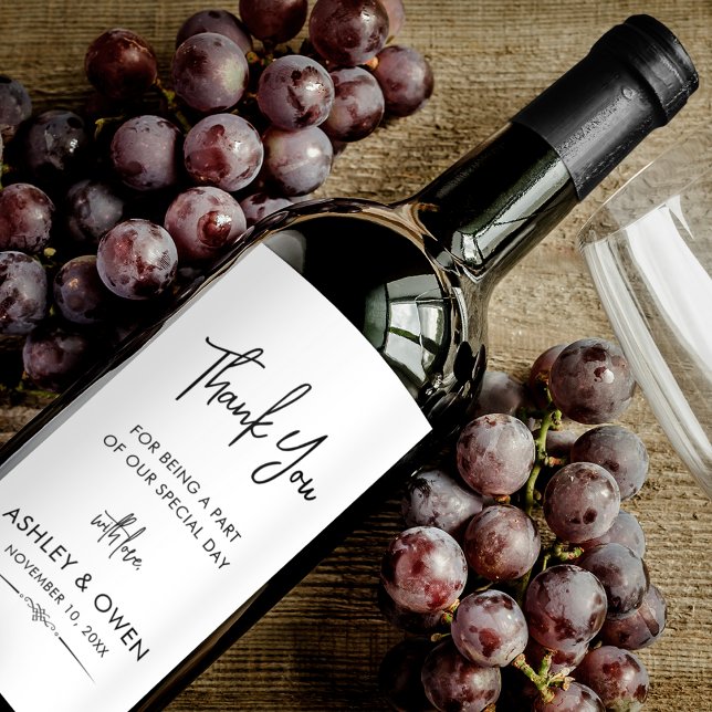 Thank You Wedding Minimalist Script Black White Wine Label (Creator Uploaded)