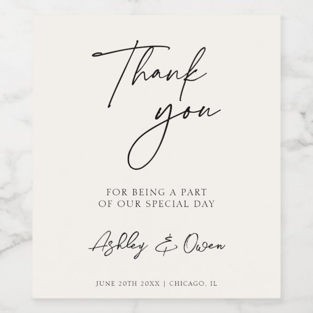 Thank You Wedding Modern Black Script Minimalist Wine Label (Single Label)